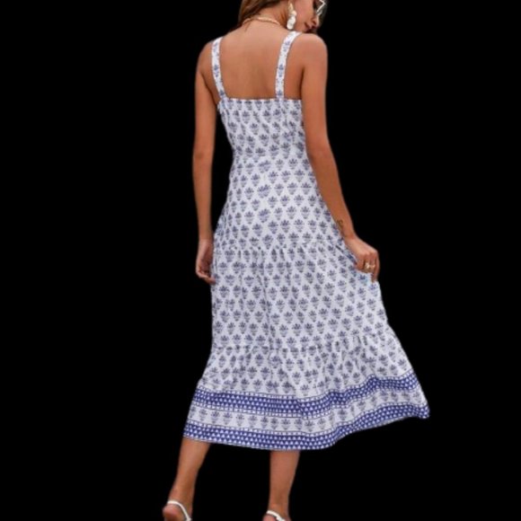 Hot Boho Dress Blue + White Floral Botanical Print Midi - Picture 4 of 6